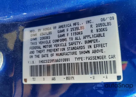 2009 Honda Accord Exl z USA, uszkodzony, nr VIN 1HGCS22859A010991